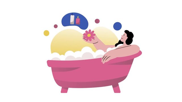 Animated woman relaxing in pink bathtub with bubbles, flower and candles