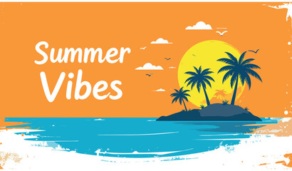 Obraz premium Stylized illustration depicts tropical island silhouette with palm trees against a vibrant orange sunset over blue water.