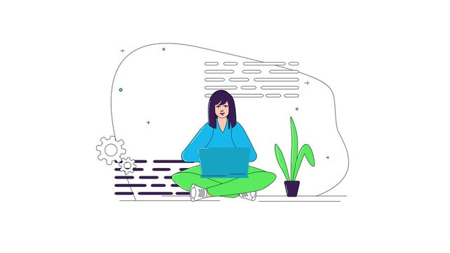 Woman coding on laptop with digital interface icons and gears illustration