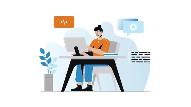 Flat animation of programmer coding at desk with laptop and settings icons