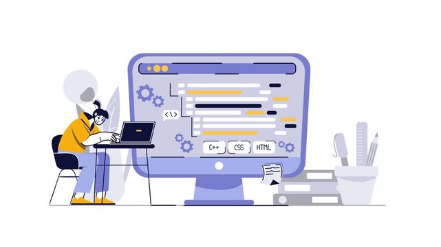 Web developer coding on laptop beside giant monitor in flat animation