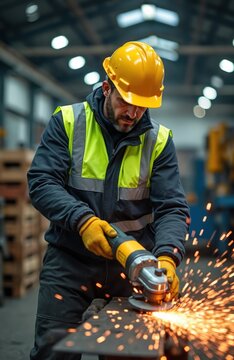 Male worker in yellow hard hat and safety vest grinds metal surface creating bright sparks. Man in workshop uses angle grinder tool for metalwork. Skilled labor refines metal.