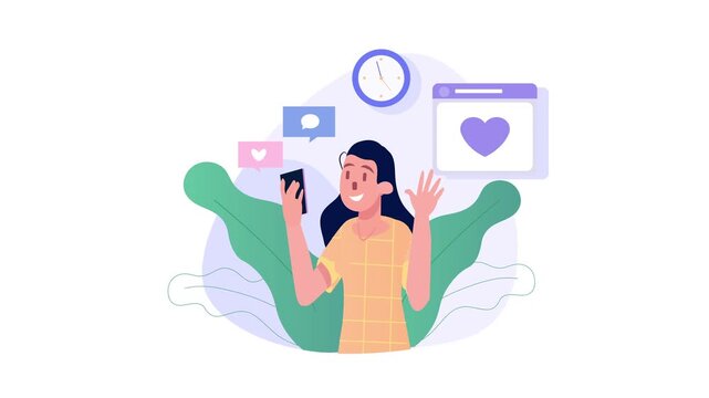 Flat animation of woman using smartphone with social media notifications