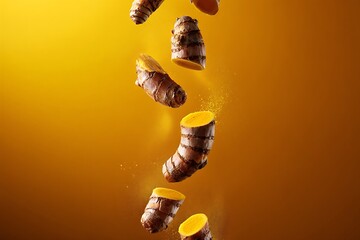 Naklejka premium Freshly cut turmeric roots are falling and floating against a vibrant golden background with powder sprinkling