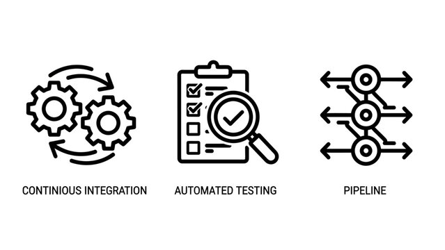 Continuous integration, automated testing, and pipeline icons representing software development workflow, process flow