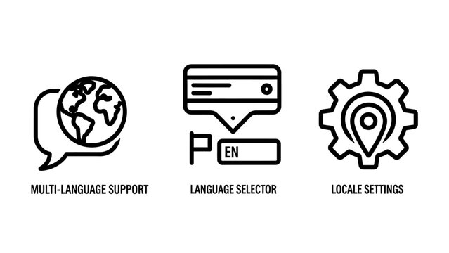 Global communication icons: language support globe, language selector, locale settings gear