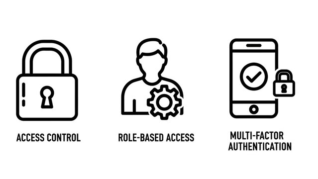 Access control icons: padlock, user with gear, and smartphone with checkmark for authentication and permissions, multi factor