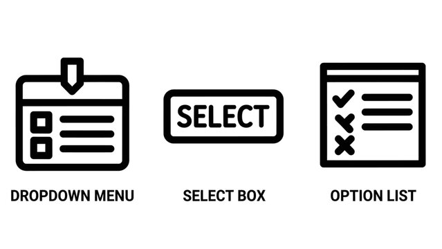 Selection options icons: dropdown menu, select box, and option list vector graphics for forms and choices