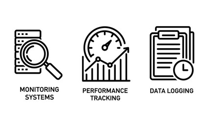 Fototapeta premium Business performance monitoring, data logging and systems analytics icons set: magnifying glass server, speedometer chart, clipboard clock, line art