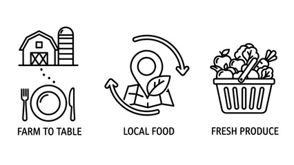 Obraz premium Farm to table, local food location pin, and fresh produce basket icons, black and white