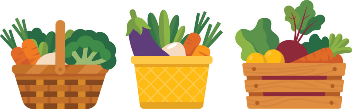 Fresh vegetables basket vector set, organic farm produce with carrot, broccoli, beetroot, eggplant and greens in wicker and wooden crates, isolated healthy food illustration