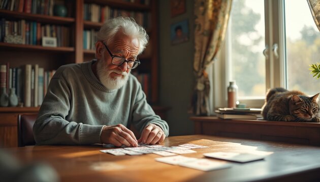 Elderly man plays cards solitaire game at wooden table. Cat slepic on windowsill. Bookshelves in background. Quiet indoor home scene. Focused man enjoys hobby.