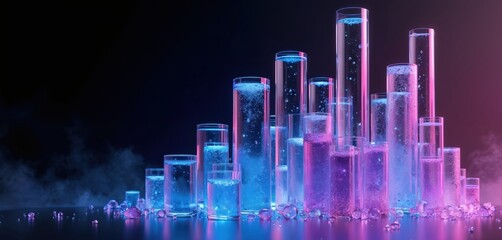 Fototapeta premium Abstract glass cylinders filled with liquid, illuminated by neon blue, purple lights. Bubbles rise in clear fluid, creating futuristic, high-tech aesthetic. Cylinders show sparkling particles