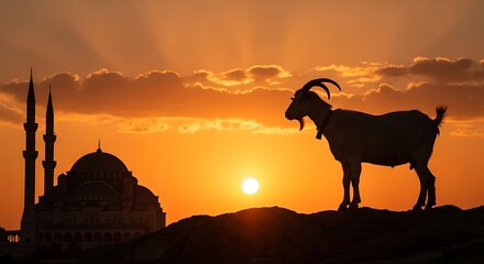 Obraz premium Eid al adha celebration silhouette goat and mosque at sunset