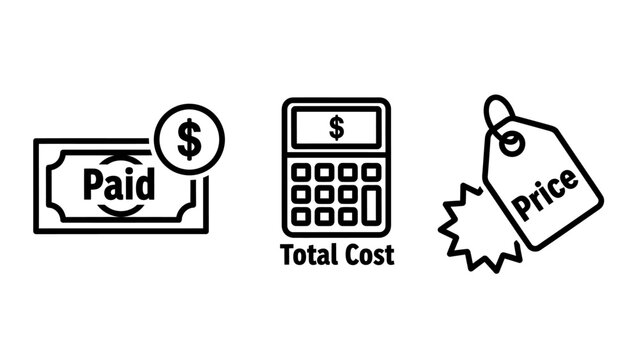 Paid transaction, total cost calculator, and price tag icons for financial management and e-commerce business concepts vector, e commerce