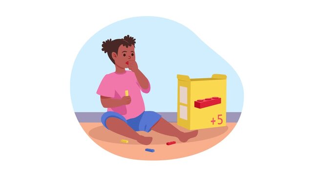 Animated girl counting toy blocks beside number box on the floor