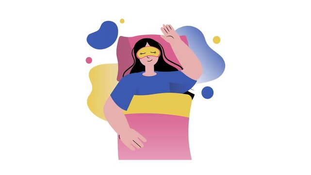 Woman sleeping under blanket with eye mask and abstract shapes animation