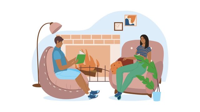 Cozy animated couple reading and relaxing by fireplace in living room