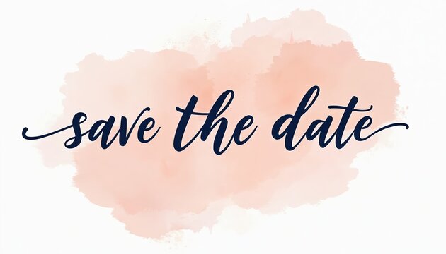 Elegant handwritten phrase save the date with navy blue script on soft pink watercolor background. Modern romantic calligraphy announces special occasion invite. Clean design for wedding planner.