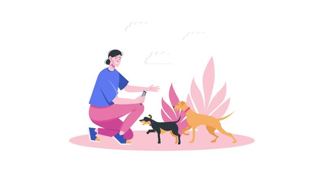 Animated woman training two dogs with treats in flat illustration