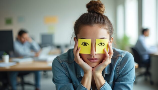 Young woman pretends eyes with sticky notes to avoid looking tired. She is bored at work in office. Feeling sleepy and stressed at her desk.
