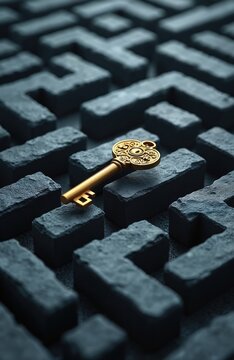 Golden antique key rests in dark stone labyrinth. Finding solution, unlocking mystery, making choice concept. Precision, strategy, pathfinding visual.