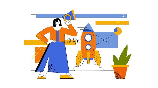 Flat animation of woman launching rocket in browser with startup design
