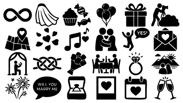 Blake Silhouettes Set of National Proposal Day Icon Set Flat Vector Illustration on Transparent Background