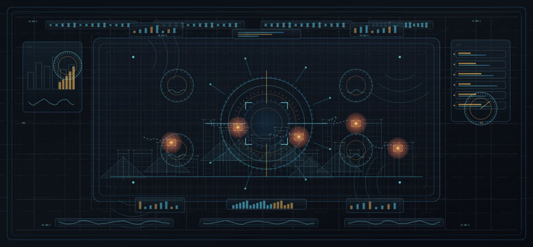 A futuristic digital HUD interface displaying various data