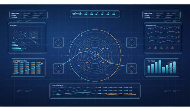 Detailed sci-fi head-up display with a central circular radar, star