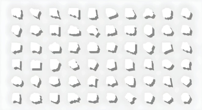 Minimalist white paper scrap collection, 60 torn paper fragments with soft drop shadows, blank ripped note pieces for collage and moodboards