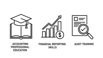 Fototapeta premium Essential accounting professional education and financial reporting skills icons for comprehensive audit training and business acumen