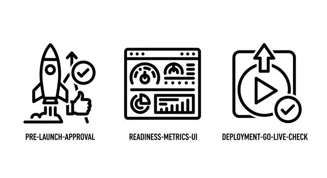Business development icons representing pre-launch approval with a rocket readiness metrics UI dashboard and deployment go-live check for software engineering and project management tasks