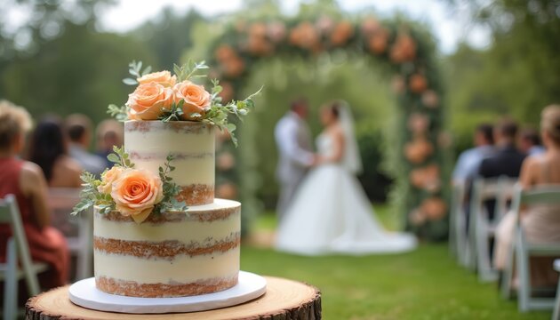 Two tier naked wedding cake adorned with peach roses and plants. Bridal couple stand at altar in background. Guests sit on chairs at outdoor ceremony. Floral arch frames event.