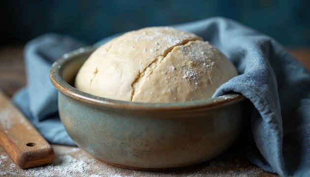 Fresh dough with visible air bubbles rests in a rustic bowl. A blue cloth covers part of the bowl, with flour dusting the surface. A wooden tool lies nearby, preparing for baking.