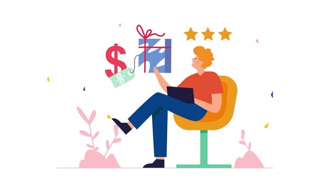 Animated online shopper choosing gift box with discount and rating stars