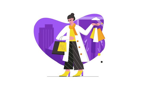 Animated fashion shopper carrying bags outside a clothing store