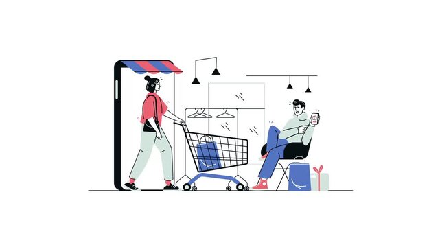 Animated e-commerce scene with shoppers, cart and smartphone storefront