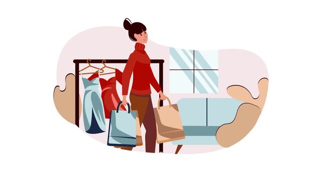 Animated woman shopping with bags in modern clothing store illustration
