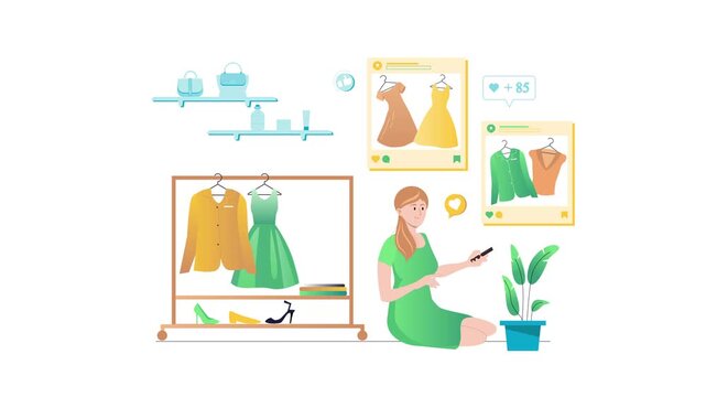 Animated online fashion shopping illustration with woman and social likes