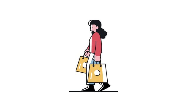 Stylized woman walking with shopping bags in flat animation illustration