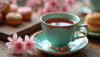 Fototapeta premium Elegant vintage turquoise teacup with black tea and pink cherry blossoms on rustic wood table. Cozy spring afternoon indulgence with sweets and hot drink.