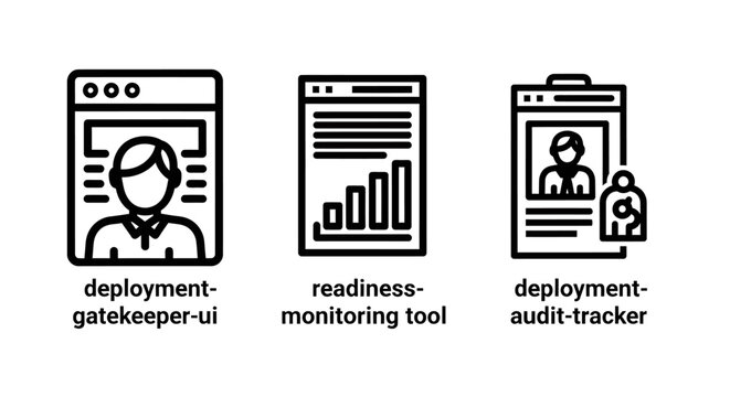 Corporate software deployment gatekeeper readiness monitoring tool and audit tracker line icons showing web interface user profiles analytics progress charts and security verification document symbols