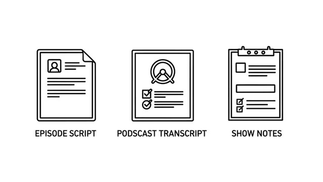 Creative line icons for media production including episode script podcast transcript and show notes document symbols for audio broadcasting content planning and professional journalism tasks for web