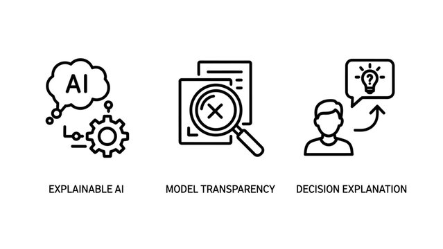Artificial intelligence icons for explainable AI model transparency and decision explanation featuring neural network gears magnifying glass research documents and human insight brain symbols for tech