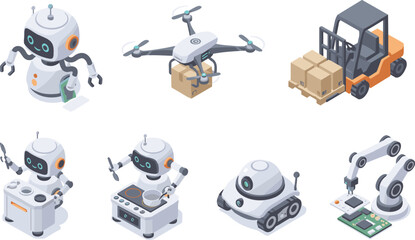 Isometric service and industrial robot collection featuring domestic helper robots delivery drones warehouse forklifts and automated cooking assistants. © Jhuma Begum