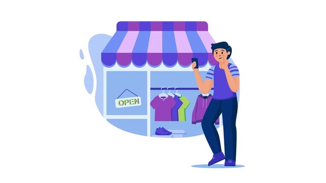 Man taking selfie outside clothing store with open sign, animated vector