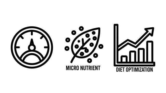 Nutrition and diet optimization icon set featuring a performance gauge, micronutrient leaf, and health growth chart for wellness tracking, metabolic monitoring, and dietary supplement analysis