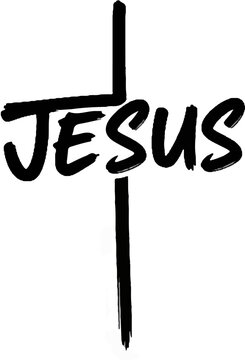 A bold, black, brush-stroke cross forms the letter J, spelling Jesus