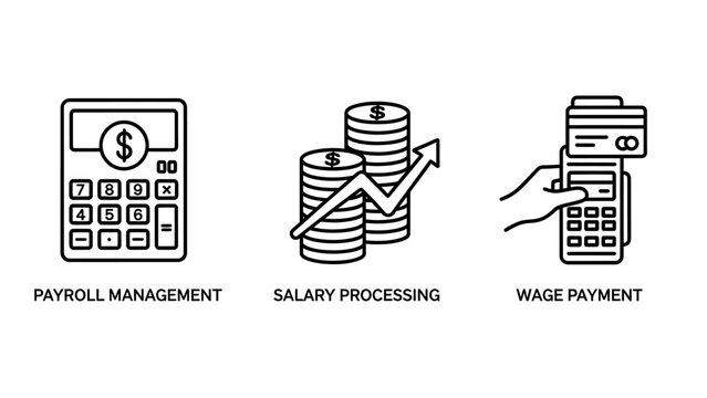 Financial payroll management and salary processing icon set featuring an accounting calculator, coin stacks with growth arrow, and hand holding a credit card at a payment terminal system